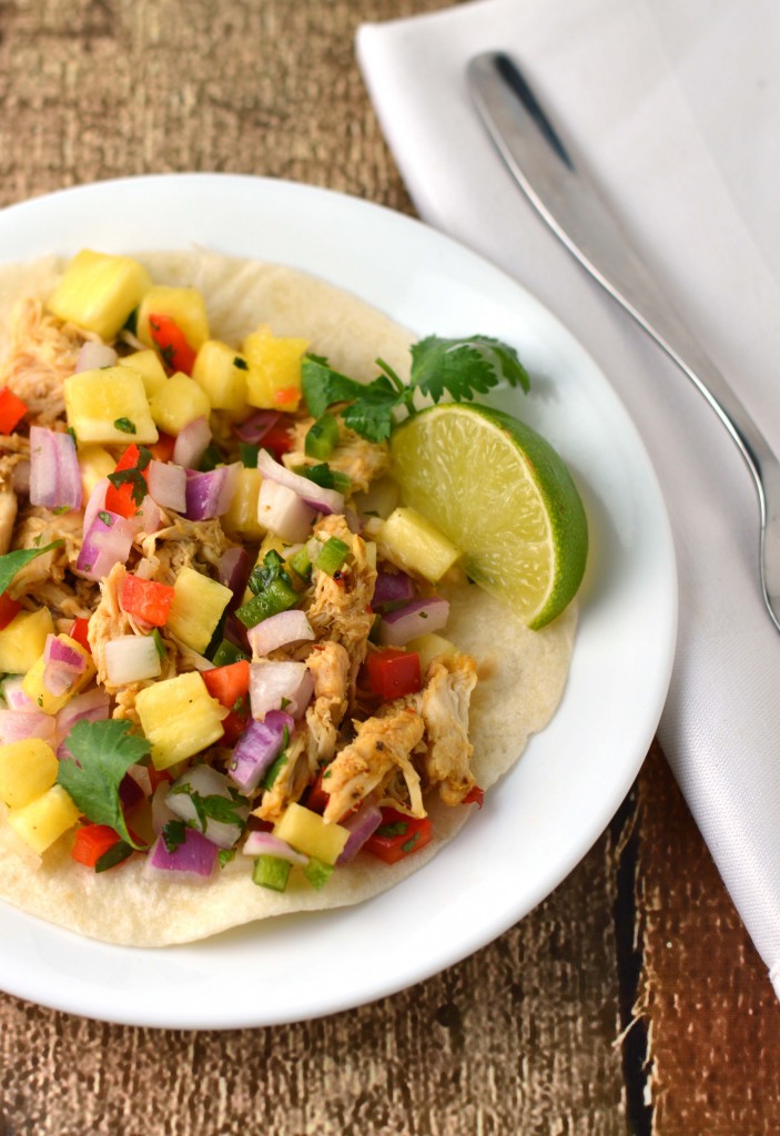 mango chili chicken taco with pineapple salsa