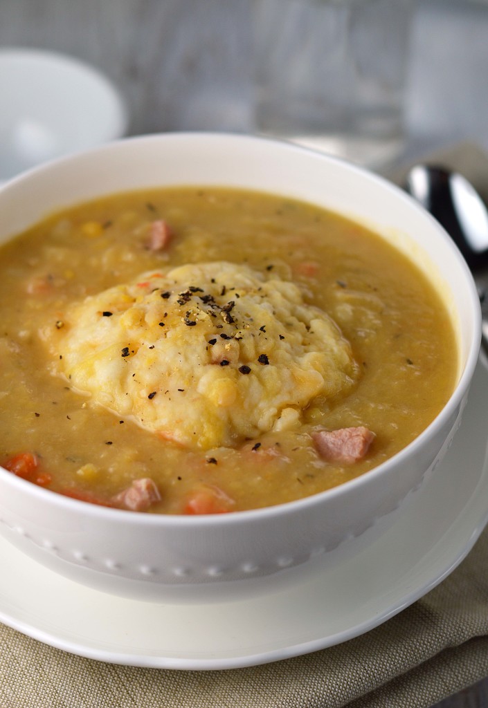 pea soup with sharp cheddar dumplings