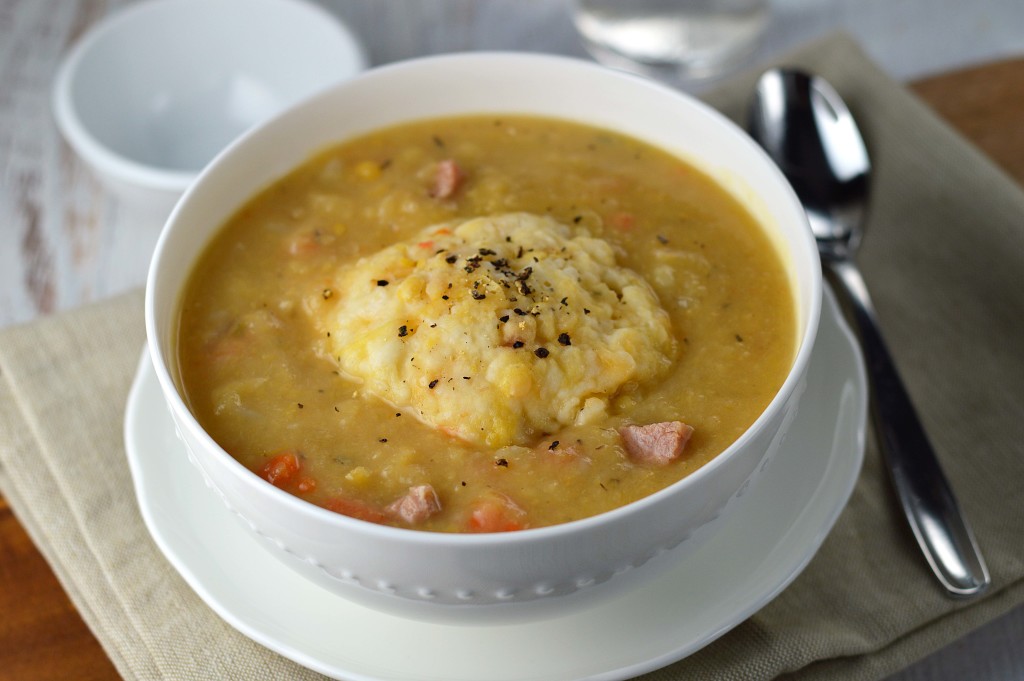 pea soup with sharp cheddar dumplings