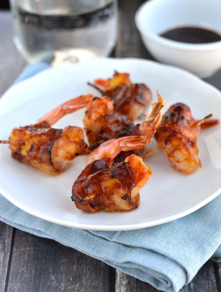 tropical bacon wrapped prawns