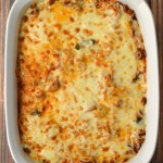 Baked spaghetti with sausage, mushrooms and spinach