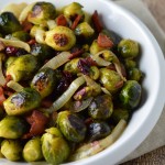 Roasted brussel sprouts with caramelized onions and bacon