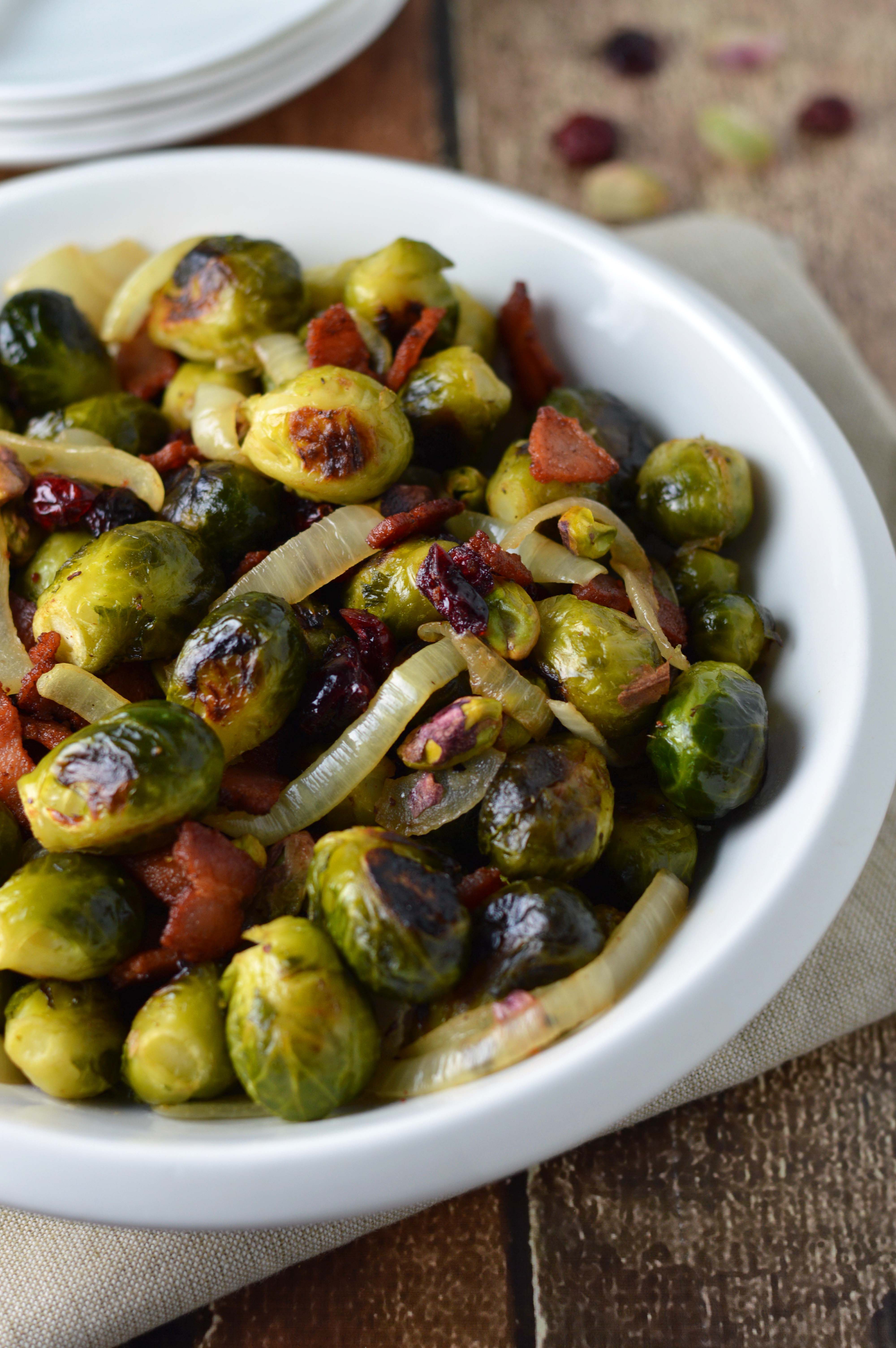 Roasted Brussels Sprouts With Onions, Bacon And Cranberries Recipe ...