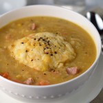 Pea soup with sharp cheddar dumplings