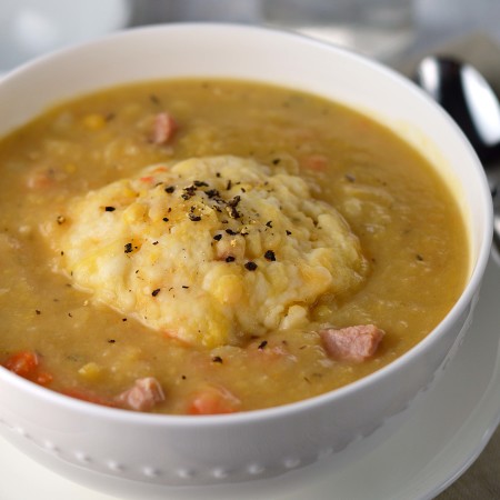 pea soup with sharp cheddar dumplings